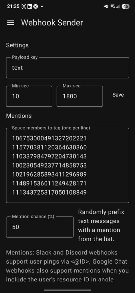 Webhook Sender Settings